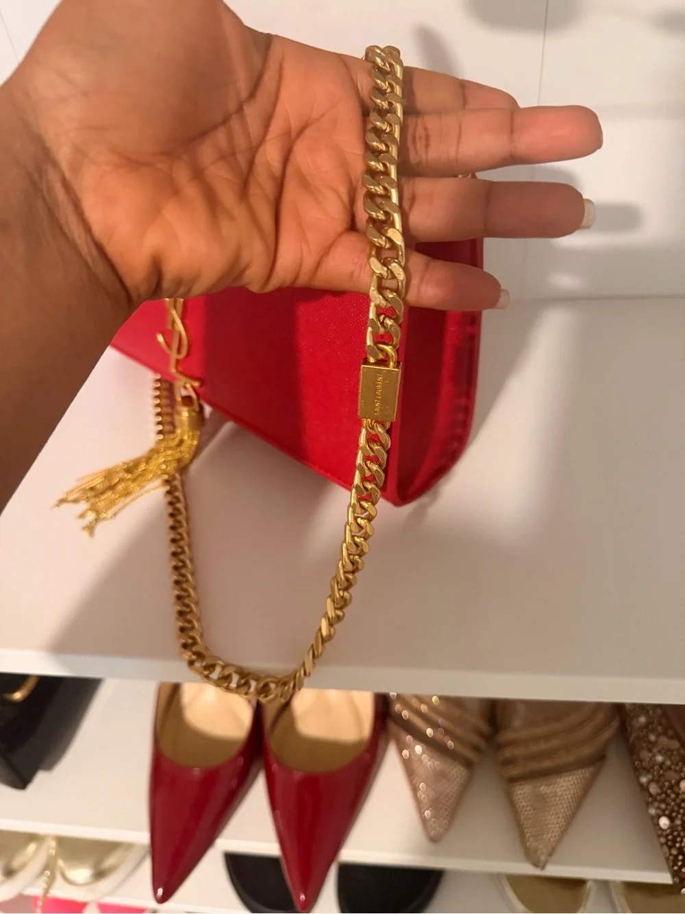 Saint Laurent Red Leather Tassel Chain Shoulder Bag with Gold Hardware - Picture 4 of 7